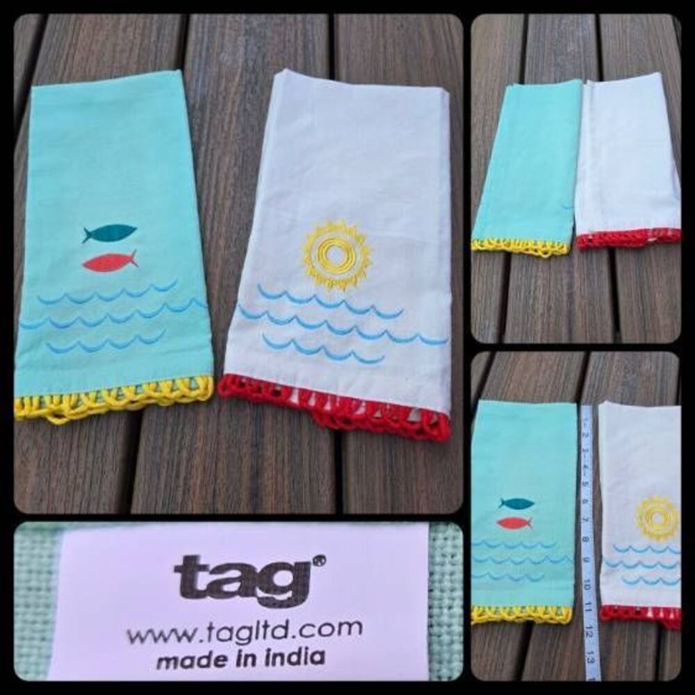 Sun & Sea Waves style tea kitchen towels cotton white teal red fish